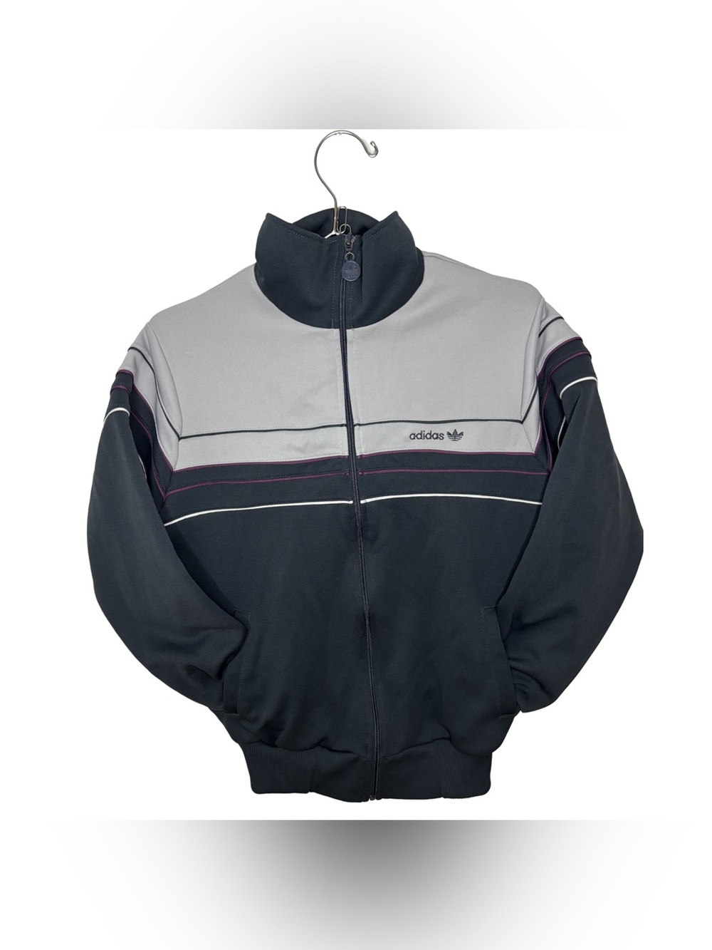 Vintage 80s RunDMC Adidas Track Gray Jacket with Purple Stripe Accents